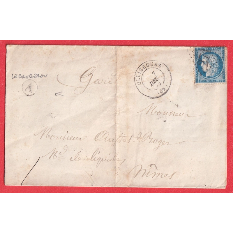 N°60 GC 2719 OLLIERGUES PUY DE DOME BOITE RURALE A LE BRUGERON POUR NIMES GARD 1872