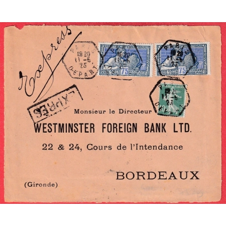 N°159 212 PAIRE PARIS DEPART EXPRES LEVEE EXCEPTIONNELLE DEVANT DE LETTRE POUR BORDEAUX