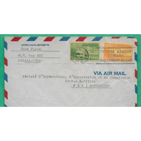 LETTRE COVER CUBA LA HAVANE HABANA POUR PARIS FRANCE VIA AIR MAIL PAR AVION