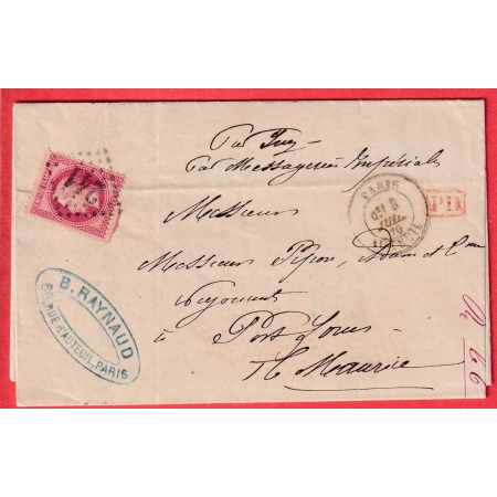 N°32 GC 241 PARIS AUTEUIL POUR PORT LOUIS ILE MAURICE MAURITIUS VIA SUEZ