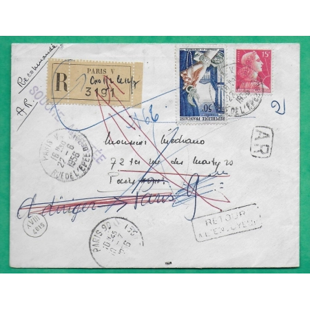 N°973 + 1011 MARIANE MULLER RECOMMANDE AR PARIS POUR PARIS REEXP RETOUR ENVOYEUR NON RECLAME + GRIFFE SOUCHE ANNOTEE 1956