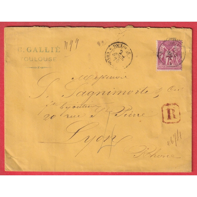 N°71 SEUL SUR RECOMMANDE CAD TOULOUSE CHARGEMENT 1878 POUR LYON RHONE