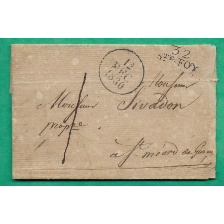 MARQUE 32 STE FOY STE FOIX GIRONDE TAXE LOCALE 1 POUR ST MEARD DE GURCON 22x9 1830 LETTRE COVER FRANCE