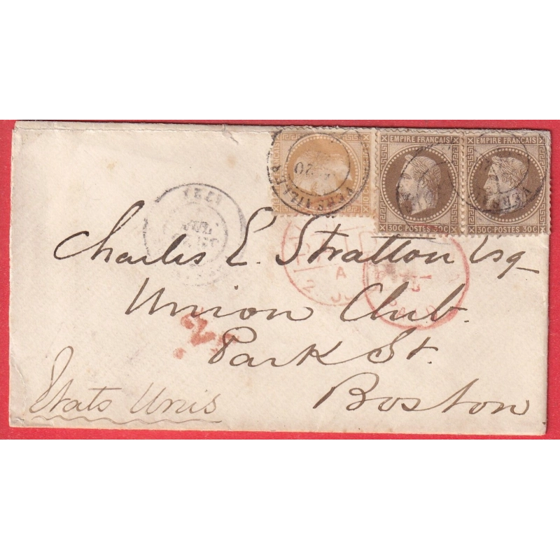 N°28 + 30X2 CAD TYPE 17 VERSAILLES SEINE ET OISE POUR BOSTON ETATS UNIS AMERIQUE USA