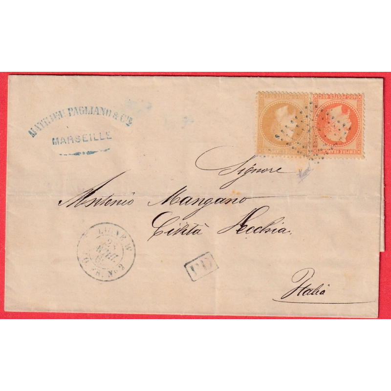 N°28 31 OBLITERATION ANCRE PAQUEBOT FR N°2 LIGNE W MARSEILLE POUR CIVITA VECCHIA ITALIE ITALIA