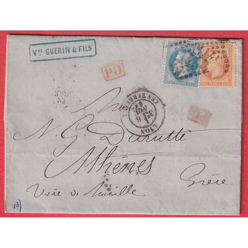 N°29 31 GC 2145 LYON 1868 POUR ATHENES GRECE GREECE