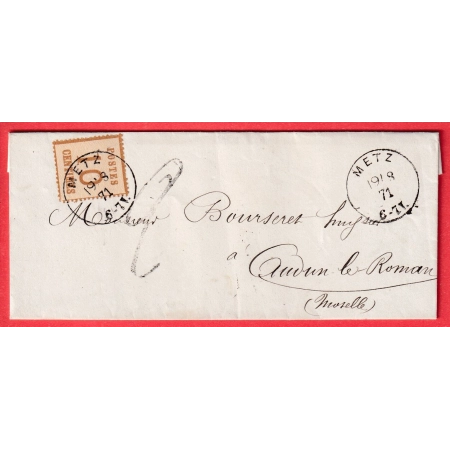 ALSACE LORRAINE N°5 METZ MOSELLE POUR AUDUN LE ROMAN MOSELLE CAD FRANCAIS AU DOS TAXE TAMPON 2 ALLEMANDE