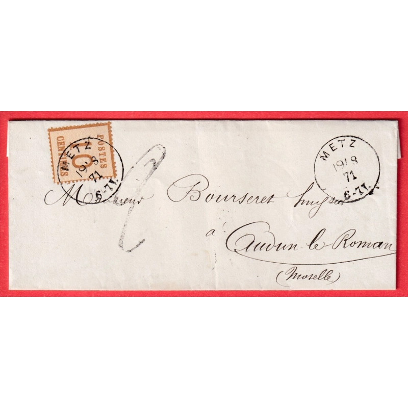 ALSACE LORRAINE N°5 METZ MOSELLE POUR AUDUN LE ROMAN MOSELLE CAD FRANCAIS AU DOS TAXE TAMPON 2 ALLEMANDE