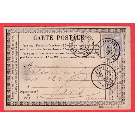 N°66 CAD GARE DE CHARTRES EURE ET LOIR 1876 POUR PARIS CARTE PRECURSEUR