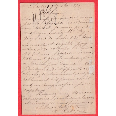 N°66 CAD GARE DE CHARTRES EURE ET LOIR 1876 POUR PARIS CARTE PRECURSEUR