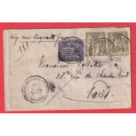 N°82 X2 + 89 LETTRE CHARGEE ST HILAIRE DU HARCOUET MANCHE POUR PARIS AU DOS CACHET DE FACTEUR