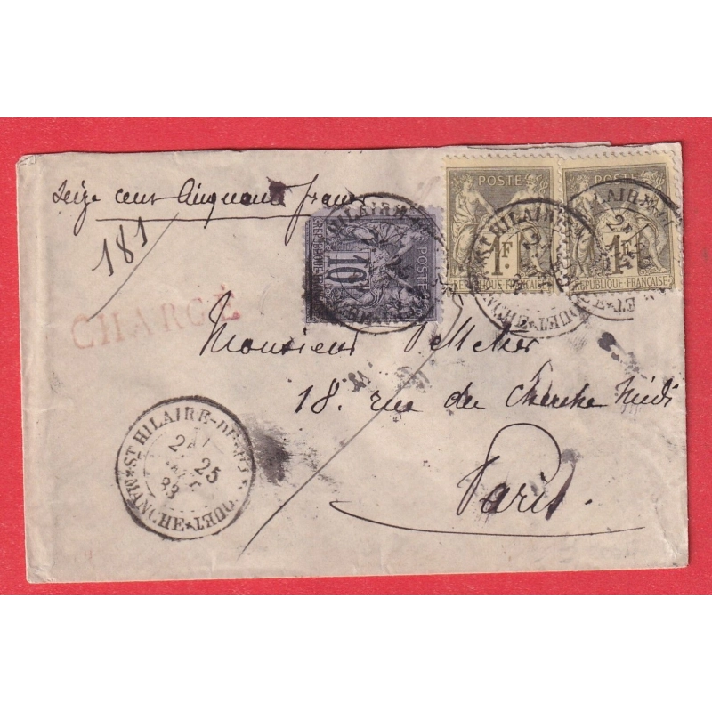 N°82 X2 + 89 LETTRE CHARGEE ST HILAIRE DU HARCOUET MANCHE POUR PARIS AU DOS CACHET DE FACTEUR