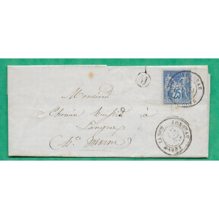N°78 SAGE CAD TYPE 18 LONGEAU HAUTE MARNE BOITE RURALE M BAISSEY POUR LANGRES 1877 LETTRE COVER FRANCE