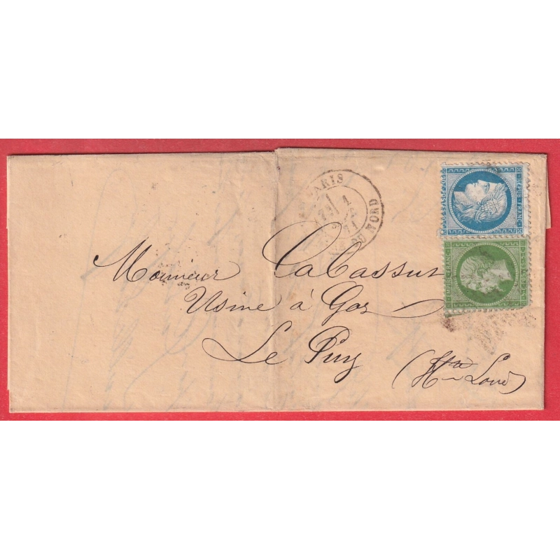 N°37 20 1ER SEPTEMBRE 1871 PARIS ETOILE 26 GARE DU NORD POUR LE PUY HAUTE LOIRE