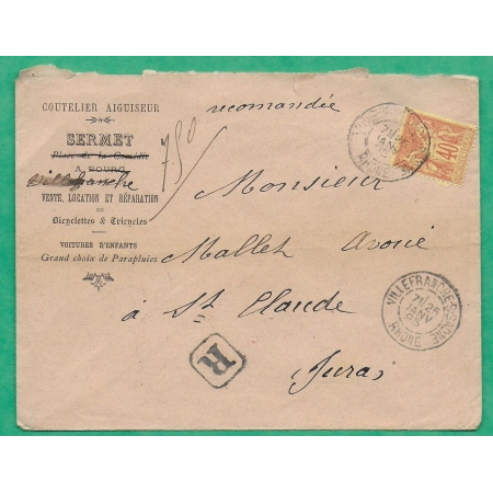 N°94 SAGE RECOMMANDE COUTELIER AIGUISEUR VILLEFRANCHE SUR SAONE RHONE POUR ST CLAUDE JURA 1895 LETTRE COVER FRANCE