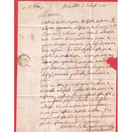 MARQUE MANUSCRIT DE LILLE NORD 1705 POUR BRUXELLES BELGIQUE LN°1 INDICE 14