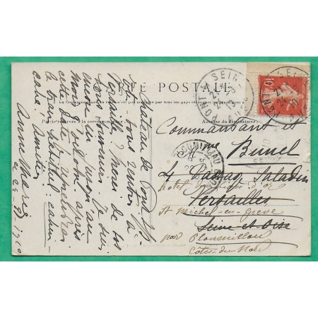 N°135 SEMEUSE COIN DE FEUILLE CARNET CARTE POSTALE PONT SUR SEINE AUBE POUR VERSAILLES REEXP ST MICHEL EN GREVE 1913