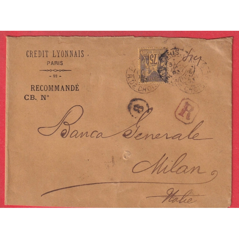 N°99 SEUL SUR LETTRE RECOMMANDEE POUR MILAN ITALIE 1893