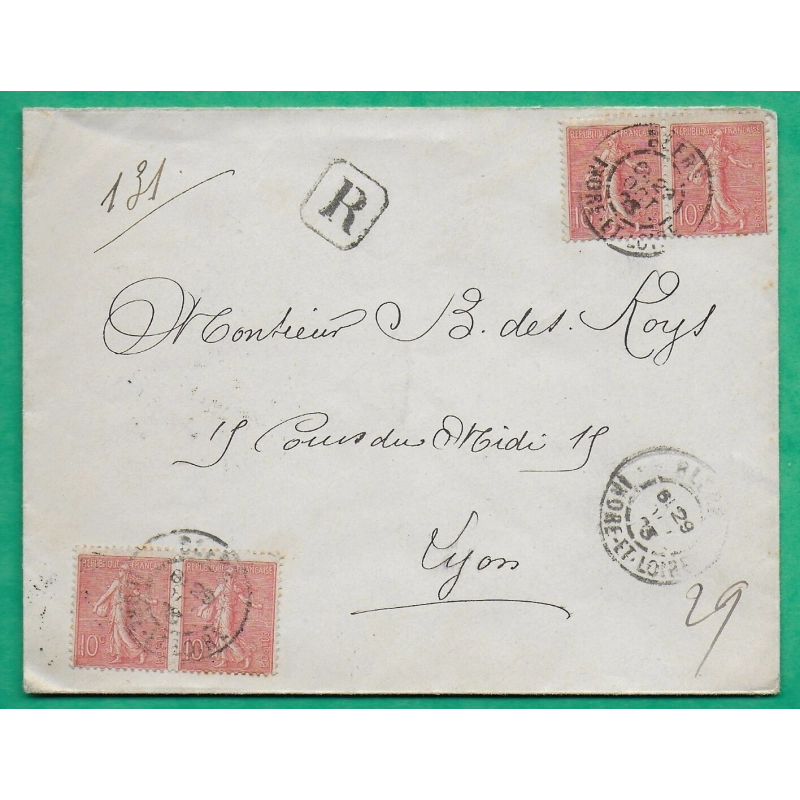 N°129 x4 SEMEUSE RECOMMANDE BLERE INDRE ET LOIRE POUR LYON RHONE 1903 LETTRE COVER FRANCE