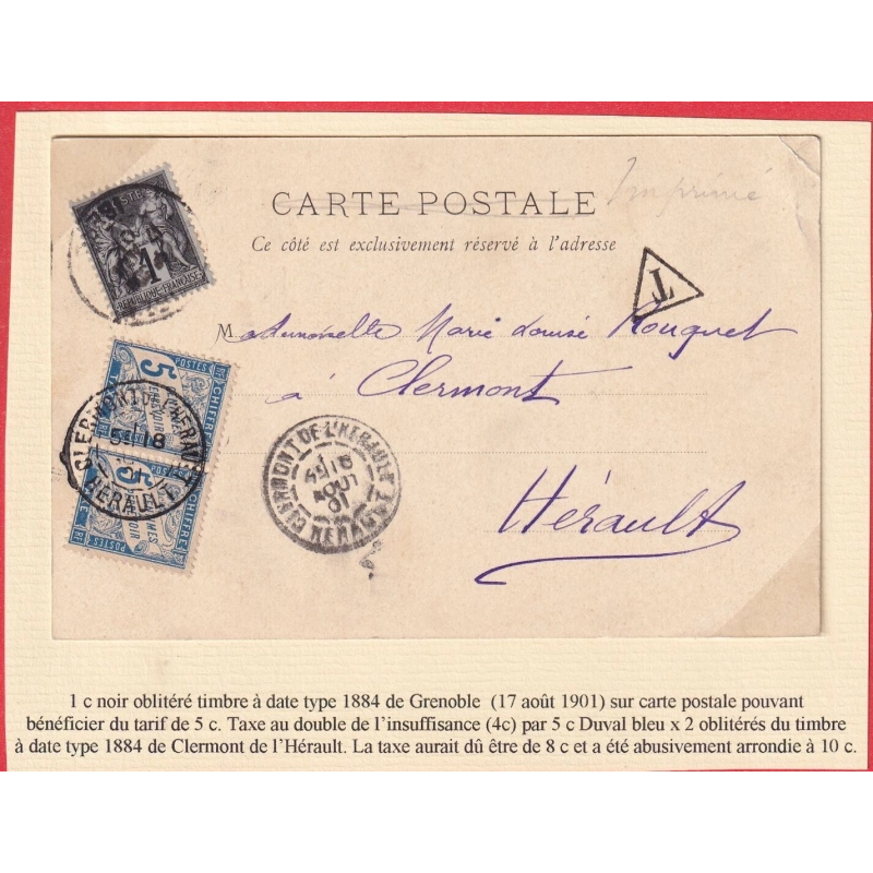 N°83 TAXE A 10C TYPE DUVAL 5C BLEU X2 GRENOBLE ISERE POUR CLERMONT DE L'HERAULT 1901