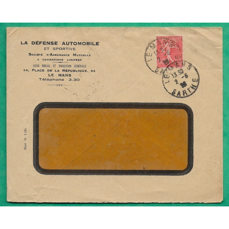N°199 SEMEUSE ROULETTE PERFORE GD DEFENSE AUTOMOBILE ET SPORTIVE LE MANS SARTHE POUR BAYEUX CALVADOS 1928 COVER FRANCE