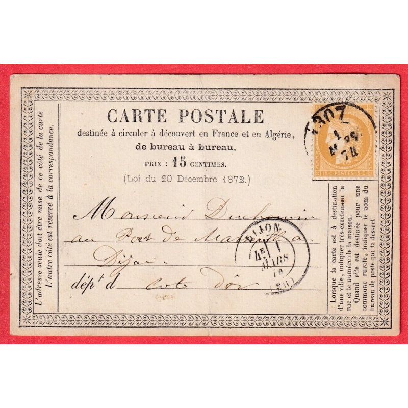 N°59 BUREAU DE PASSE 1307 DIJON + CAD DIJON SUR CARTE PRECURSEUR