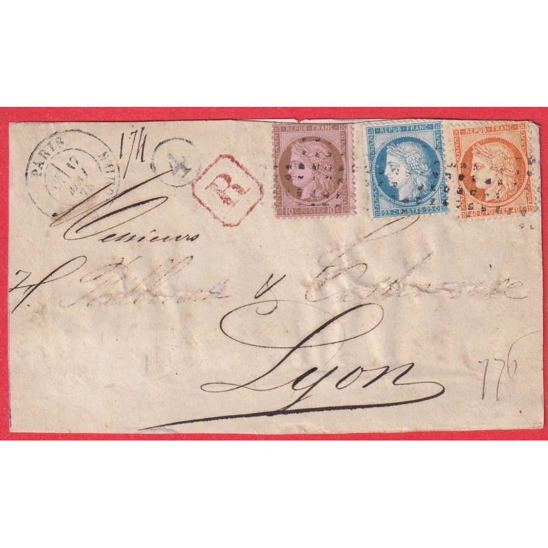 N54 38 60 ROULETTE DE POINTS RECOMMANDE PARIS R D'ENGHIENS POUR LYON INDICE 23 TRICOLORE DEVANT DE LETTRE FRONT COVER