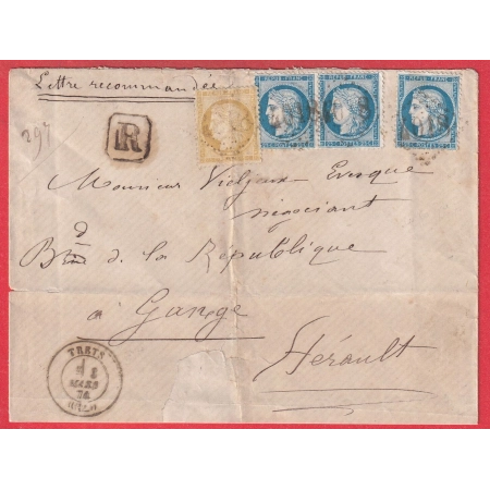 N°60B TYPE II PAIRE + UN + N°59 GC 4018 TRETS BOUCHES DU RHONE RECOMMANDE POUR GANGES HERAULT