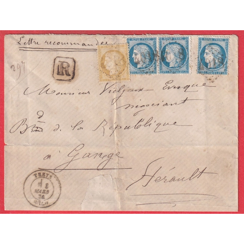 N°60B TYPE II PAIRE + UN + N°59 GC 4018 TRETS BOUCHES DU RHONE RECOMMANDE POUR GANGES HERAULT
