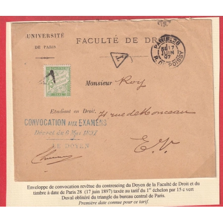 FRANCHISE FACULTE DE DROIT PARIS TAXE 15C VERT DUVAL CONVOCATION AUX EXAMENS 1897 PREMIERE DATE CONNUE