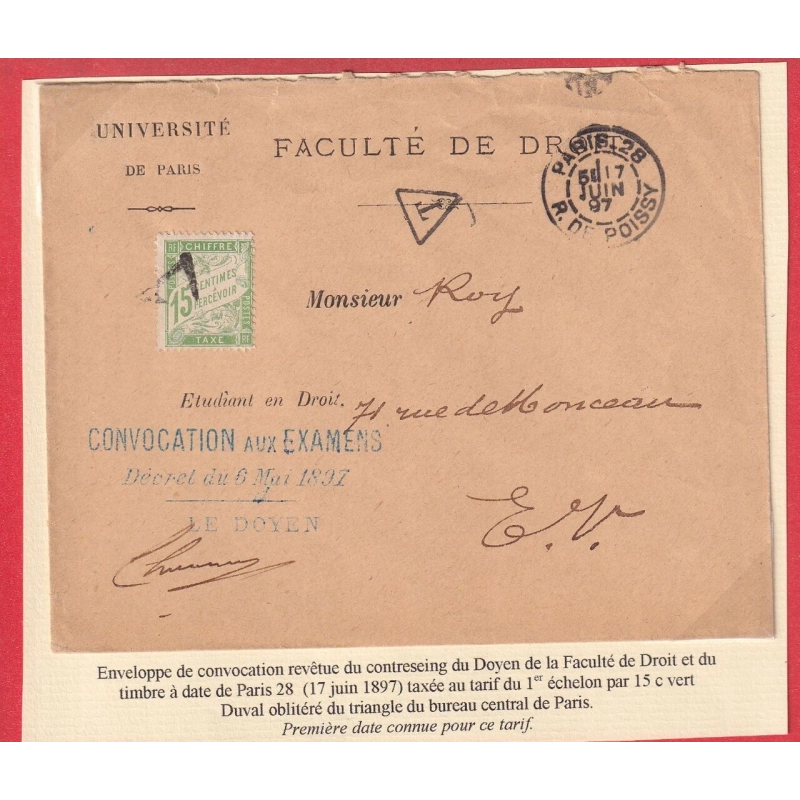 FRANCHISE FACULTE DE DROIT PARIS TAXE 15C VERT DUVAL CONVOCATION AUX EXAMENS 1897 PREMIERE DATE CONNUE