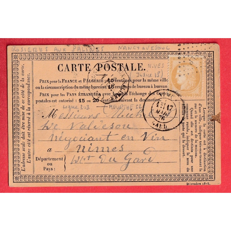 N°55 CONVOYEUR STATION ROSIERES AUX SALINES MEURTHE ET MOSELLE INDICE 18 POUR NIMES GARD CARTE PRECURSEUR