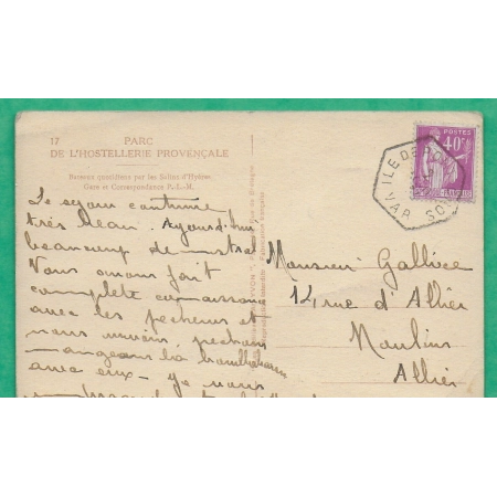 N°281 PAIX CAD MANUEL RECETTES AUXILIAIRES ILE DE PORT CROS VAR CARTE POSTALE POUR MOULINS ALLIER LETTRE COVER FRANCE