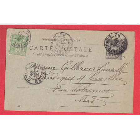 ENTIER SAGE 10C + N°102 LEVEEE EXCEPTIONNELLE PARIS 26 E1 GARE DU NORD POUR SOLESMES NORD 1900 BUREAU RARE