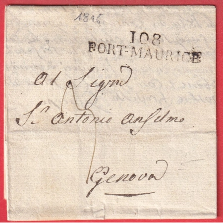 MARQUE CONQUIS 108 PORT MAURICE PORTO MAURIZIO ITALIE ITALIA POUR GENOVA 1816 CACHET ARRIVEE SPECIALE