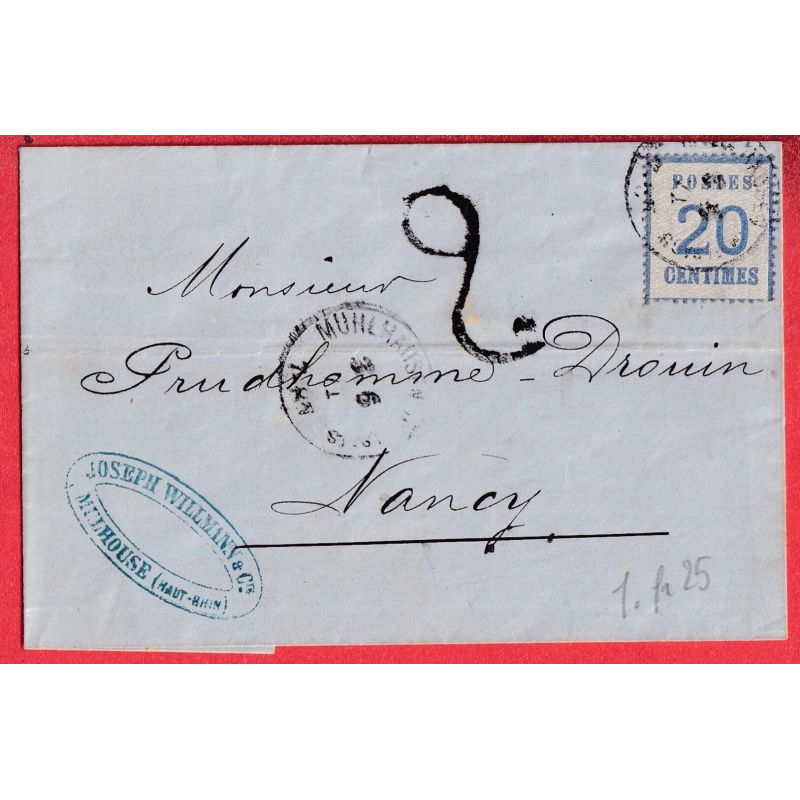 ALSACE LORRAINE N°6 MULHOUSE HAUT RHIN POUR NANCY MEURTHE ET MOSELLE TAXE ALLEMANDE 2