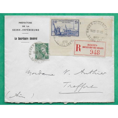 N°411 + 426 BDF MERCURE EXPOSITION INTERNATIONALE NEW YORK 1939 RECOMMANDE PREFECTURE SEINE INFERIEURE ROUEN POUR AIN