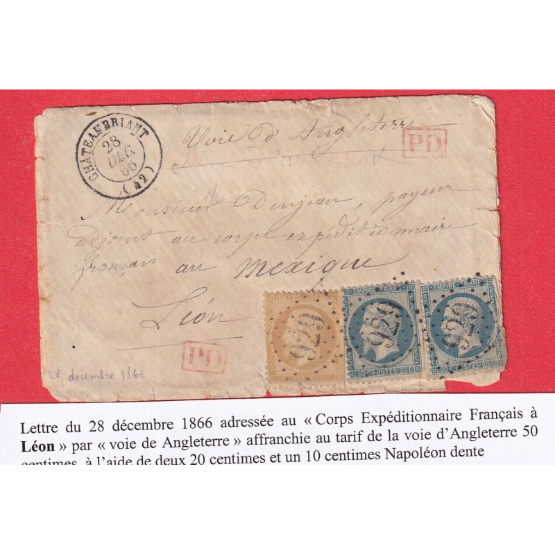 N°22 X2 21 GC CHATEAUBRIANT LOIRE INFERIEURE POUR CORPS EXPEDITIONNAIRE DU MEXIQUE A LEON VOIE ANGLAISE 50C