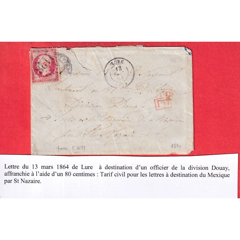 N°24 GC LURE HAUTE SAONE 1864 POUR UN OFFICIER DIVISION DOUAY AU CORPS EXPEDITIONNAIRE DU MEXIQUE VIA ST NAZAIRE