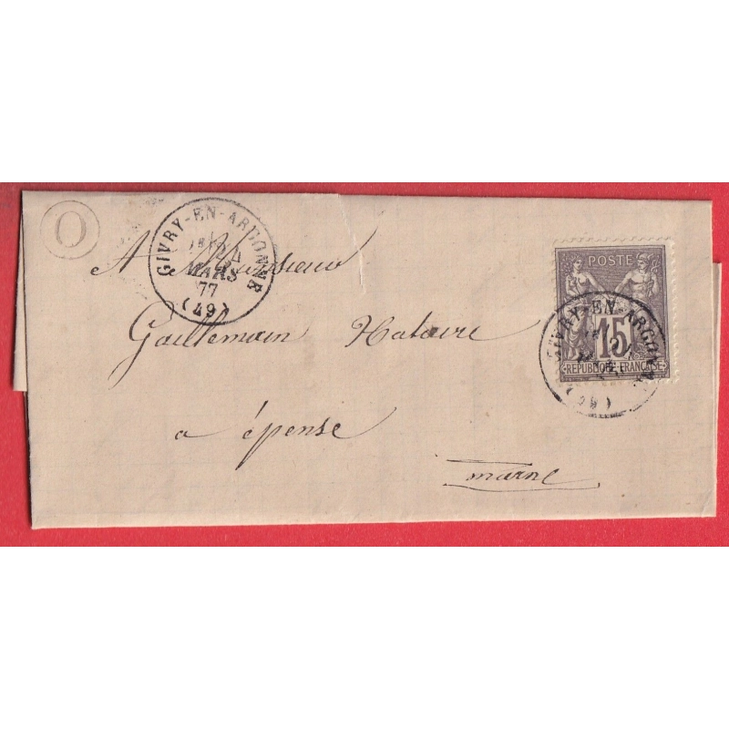 N°77 CAD TYPE 16 GIVRY EN ARGONNE BOITE RURALE O NOIRLIEU 1877 POUR EPENSE