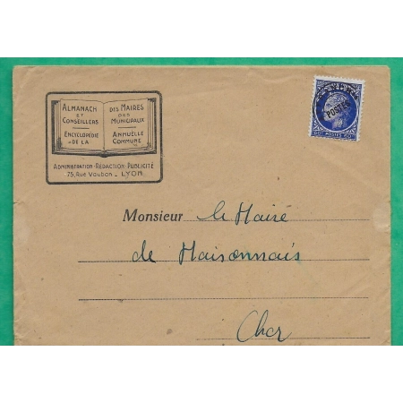 YT N°87 PREOBLITERE MAZELIN 60C OUTREMER ENVELOPPE ALMANACH DES MAIRES LYON POUR MAISONNAIS CHER LETTRE COVER FRANCE