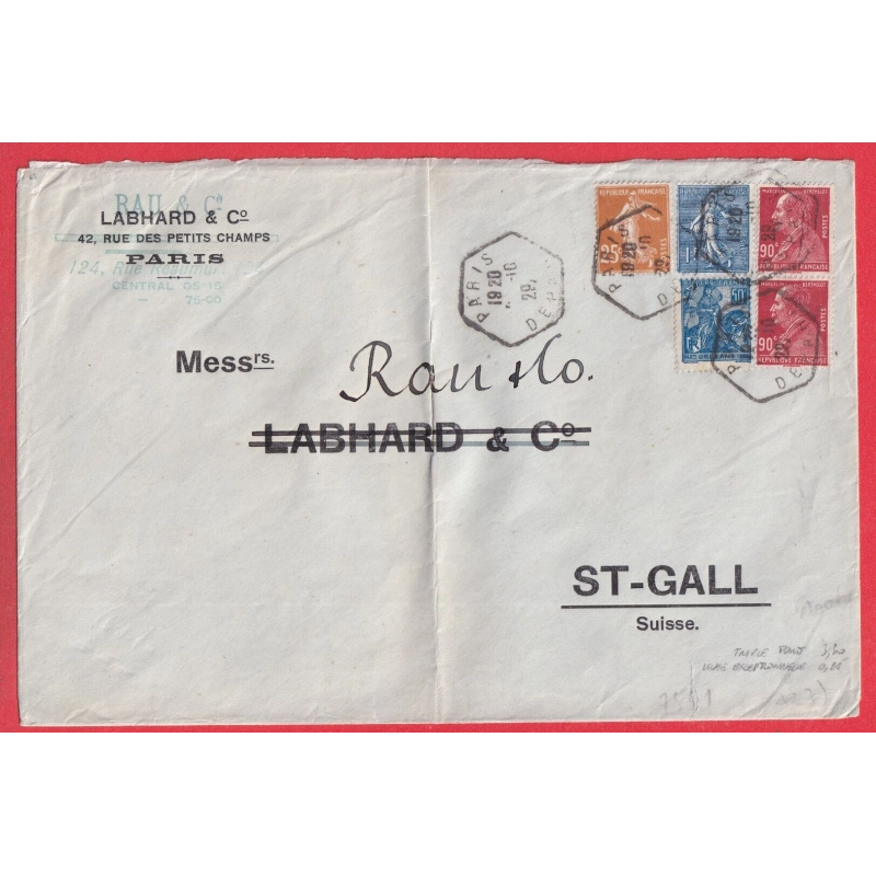 N°205 243 255 235 LEVEE EXCEPTIONNELLE PARIS DEPART 1929 POUR ST GALL SUISSE TRIPLE PORT