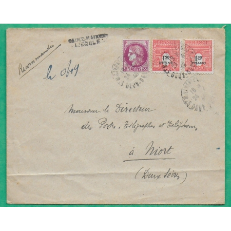N°376 + 708 x2 MIXTE CERES ARC DE TRIOMPHE RECOMMANDE PROVISOIRE ST MAIXENT L'ECOLE DEUX SEVRES POUR NIORT 1945 FRANCE