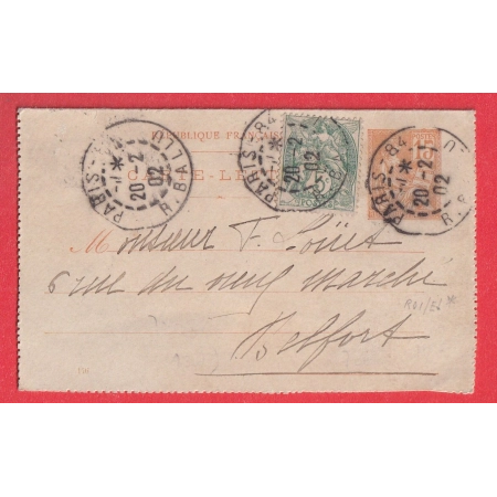 ENTIER MOUCHON 15C + N°111 LEVEE EXCEPTIONNELLE PARIS 84 R BALLU POUR BELFORT (1ER DATE VU 20.02.1902)
