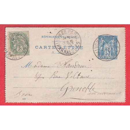 ENTIER SAGE 15C BLEU + N°111 LEVEE EXCEPTIONNELLE PARIS 52 BD MONTPARNASSE POUR GRENOBLE MARS 1901 MIXTE BLANC SAGE