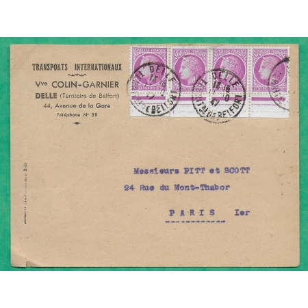 N°679 BANDE DE 4 BDF CERES MAZELIN TARIF 6F ENVELOPPE TRANSPORTS INTERNATIONAUX DELLE BELFORT POUR PARIS 1947 FRANCE