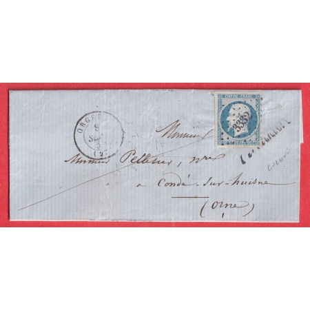 N°14 CURSIVE 27 TERMINIERS PC 3332 EURE ET LOIR BLEU LAITEUX DU 8 SEPT 1854 POUR CONDE SUR HUISNE ORNE