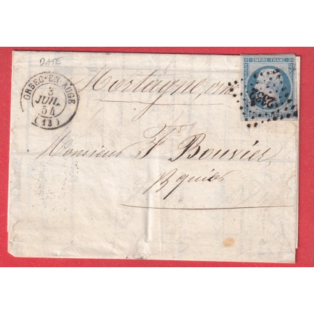 N°14 BLEU LAITEUX TTB DU 3 JUILLET 1854 PC 2332 ORBEC EN AUGE CALVADOS MORTAGNE ORNE