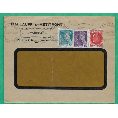 N°413 + 414A + 506 MIXTE MERCURE PETAIN PROST TARIF 1F20 ENVELOPPE PUB BALLAUFF ET PETITPONT PARIS 1942 COVER FRANCE