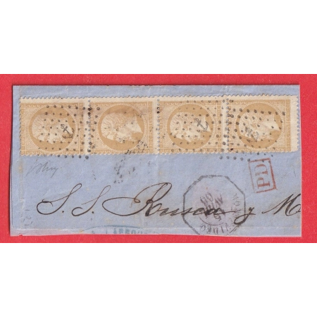 N°21 BANDE DE 4 ANCRE CACHET CONSULAIRE MONTEVIDEO URUGUAY 1966 GENES GENOVA ITALIE GRAND FRAGMENT DE LETTRE BFE